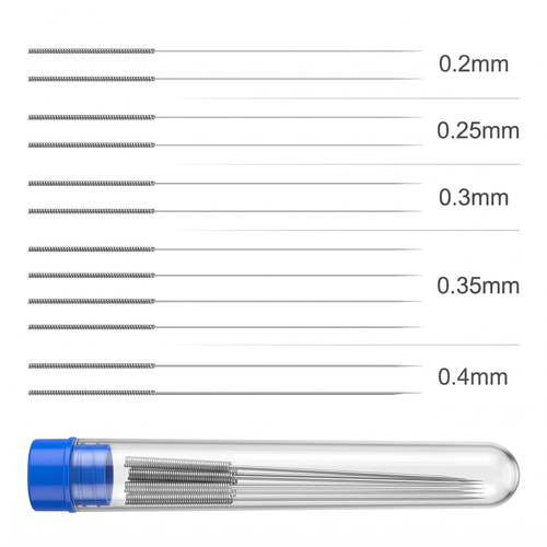 Set of 12 3D printer nozzle cleaning needles with the diameters 0.2, 0.25, 0.3, 0.35 and 0.4 mm marked, and a clear tube