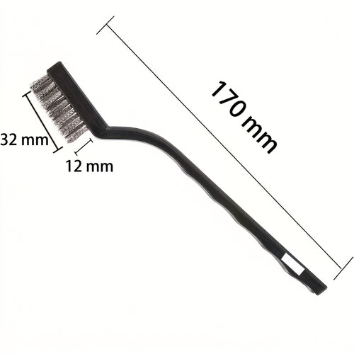 Drátěný kartáček z nerezové oceli s černou plastovou rukojetí – celková délka 170 mm, hlava 32 × 12 mm